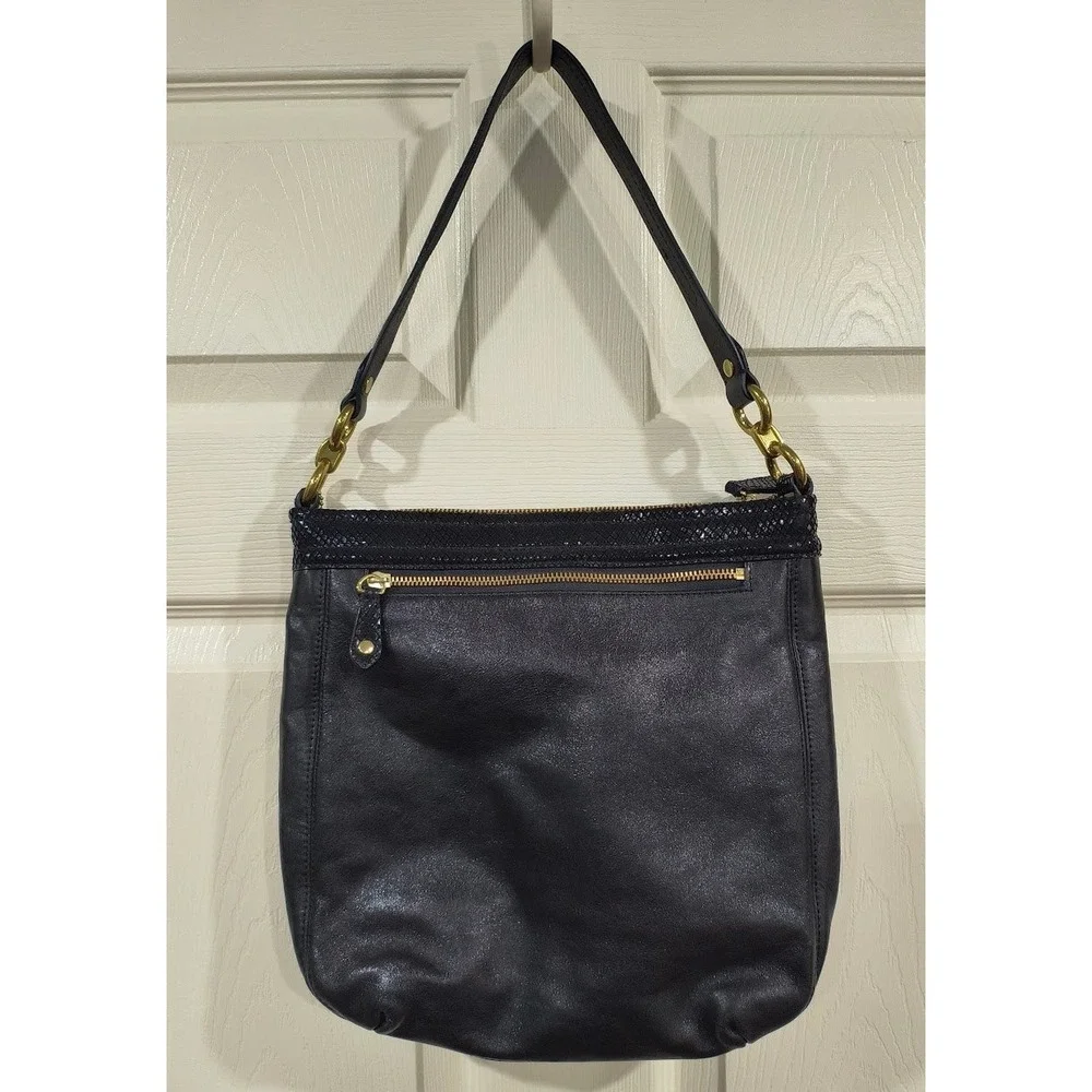 Coach Black Ashley Leather Snakeskin Trim Hobo‎ Bag F1260-F20114 Gold Hardware